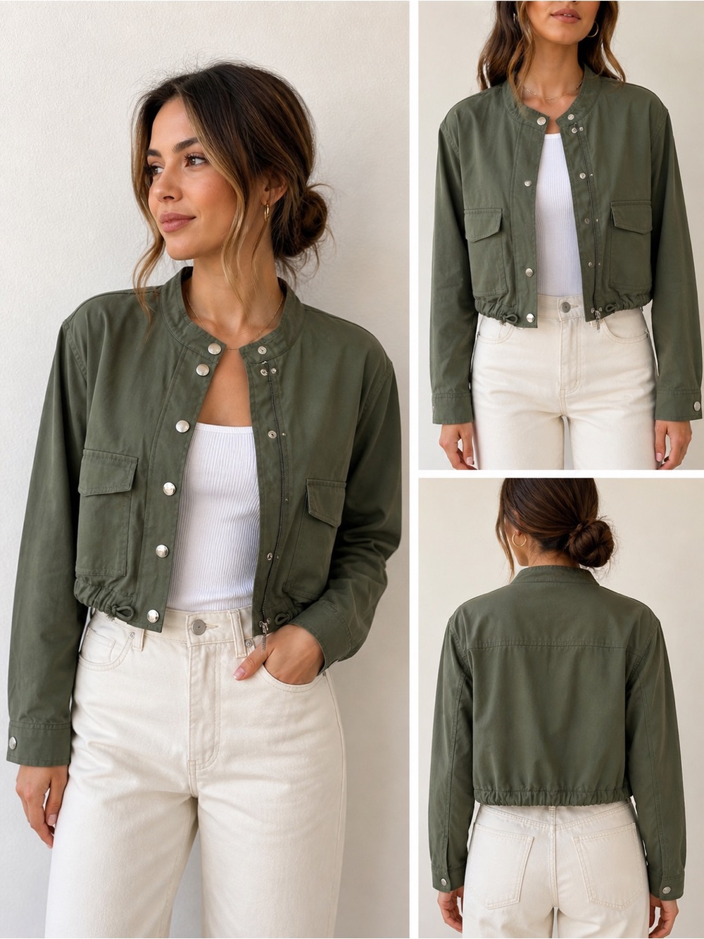 Cropped Olive Utility Jacket with Snap Front - Women